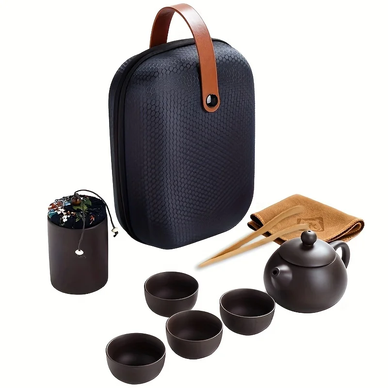 1set, Chinese Kung Fu Tea Pot Ceramic Tea Set, Portable Handmade Tea Pot With 4 Tea Cups, Tea Can, Tea Towel, Portable Travel Ba