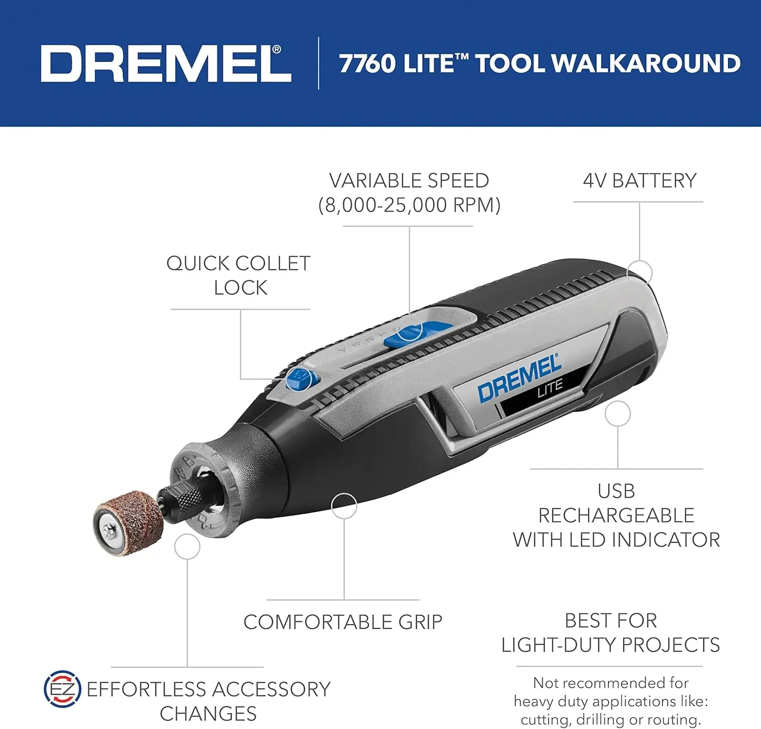 7760 N/10 4V Li-Ion Cordless Rotary Tool Variable Speed Multi-Purpose Rotary Tool Kit, USB Charging, Easy Accessory Changes