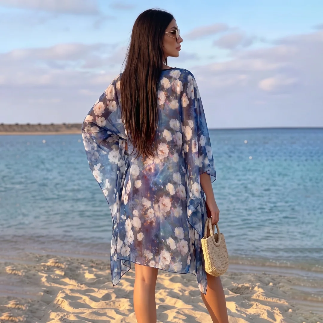 Arab Women Vintage Floral Chiffon Kaftan Abaya Light Batwing Sleeve Irregular Hem Beach Swim Cover Robe Summer Resort Wear