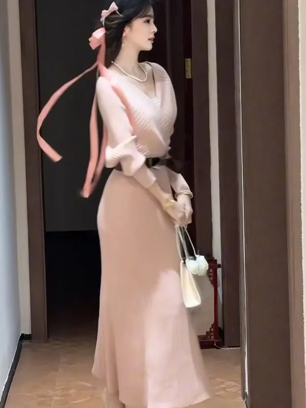 

Soft Sle Beautiful V-Ne Knitted Dr Slim Fit Long Skirt Unique Design Winter Faion mid Waist Pure Color Cotton Dr