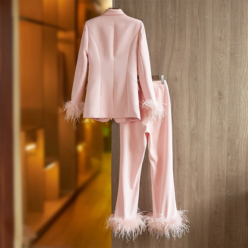 Elegant American Women Street Pink Feather 2 Pieces Pants Set Luxury Design Lady Quality Blazer Suits