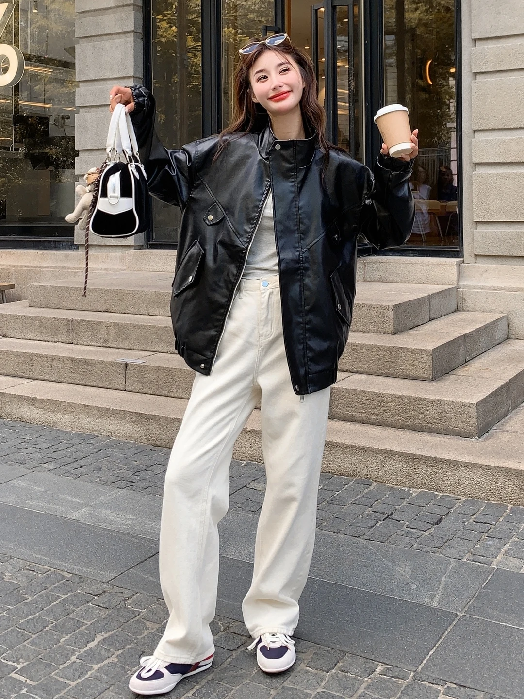 Bla Biker Jaet Cappotto in pelle semplice casual allentato da donna Autunno Nuovo arrivo Chiusura con cerniera Colletto lungo Sve Stand