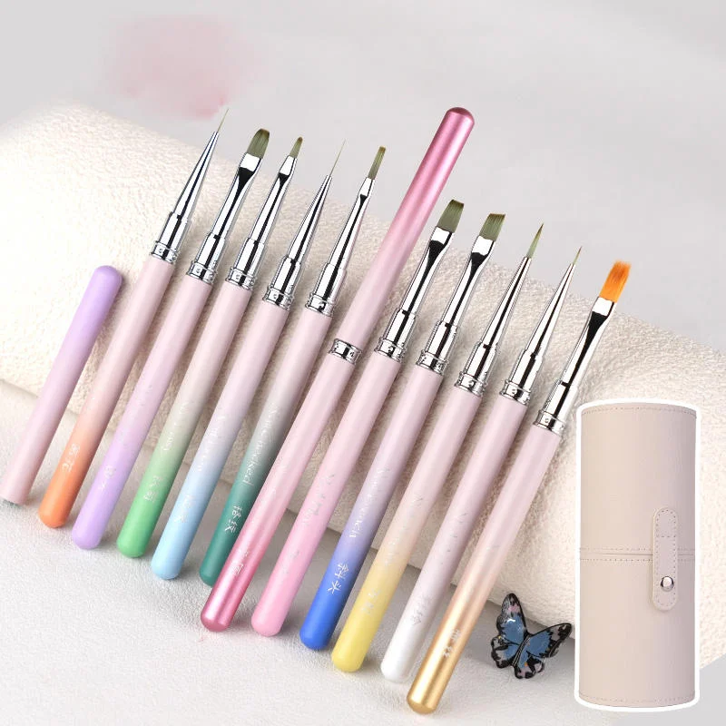 Juego de pinceles para decoración de uñas con mango de metal, cepillo plano redondo con revestimiento multifuncional para diseño de uñas de gel, colección completa