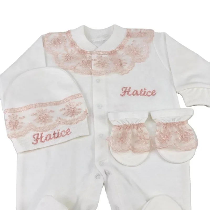 

Personalized Baby Girl Newborn White Pink Lace Long Sleeve Footed Romper with Hat Mittens Custom Name Baby Shower Gift 0-9 Month