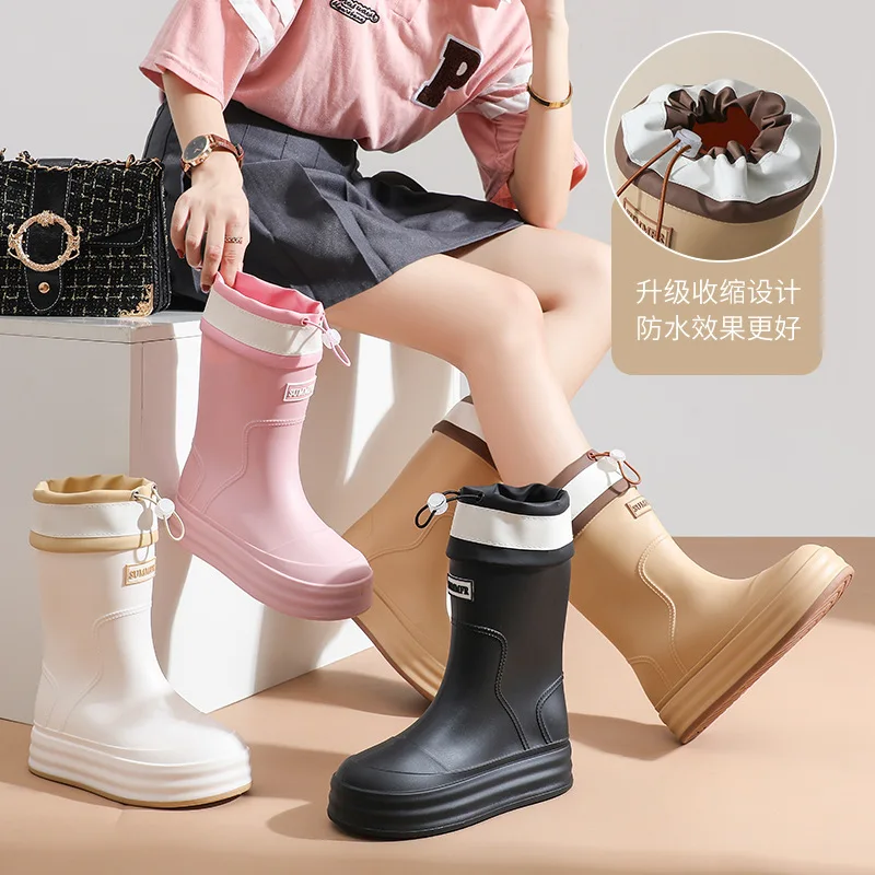 Winter Women's Rain Boots  New Waterproof Anti Slip Shoes Plush Warm Fashion Outdoor Rain Boots Soft Soled Rubber Shoes