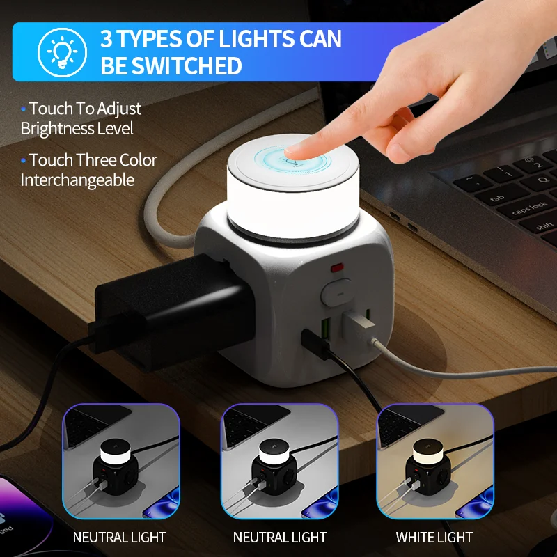 Cube Power Strip with Touch Night Light, 3 Color Dimmable Bedside Lamp, 7 in 1 Multi Port EU Extension