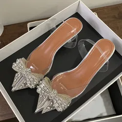 Liyke 2026 Spring Sexy Slingback Shoes Women Mules Sandals Fashion Crystal Diamond Bowknot Pointed Toe Transparent Heels Pumps