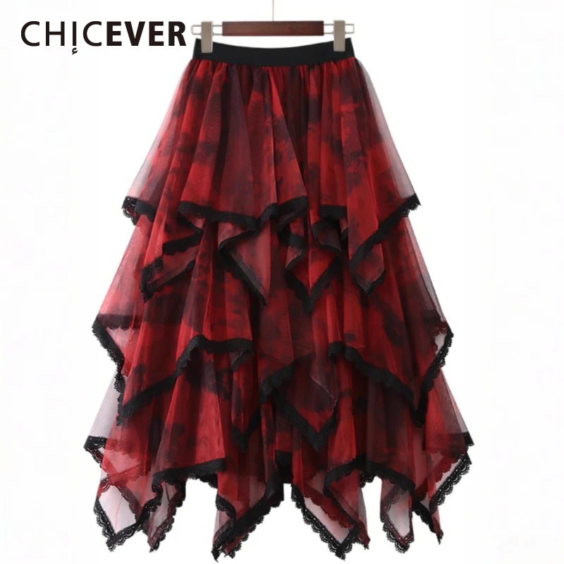 

CHICEVER Colorblock Spliced Lace Irregular Skirt Female High Waist Loose Hot Girl Women's Long Skirts Autumn Style Fashion New