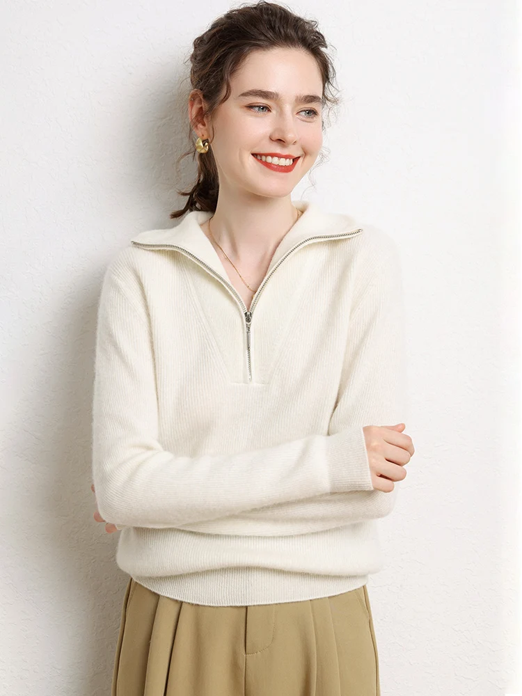 

Women's 100% Cashmere Sweater Turn Down Collar Zipper Pullover Autumn Winter Soft Warm Cashmere Knitwear Casual Jumper Top