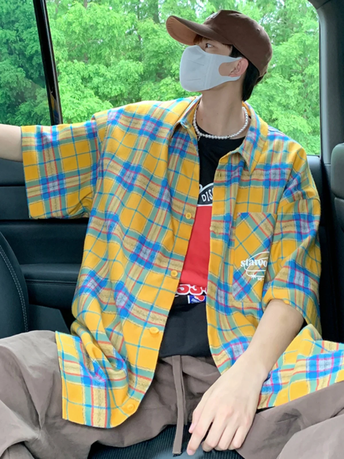 

Yellow Plaid ort Sve Men's irt Summer Dopane Couple Outerwear Trendy Brand Loose Fit Workwear irt Breathable Mois...