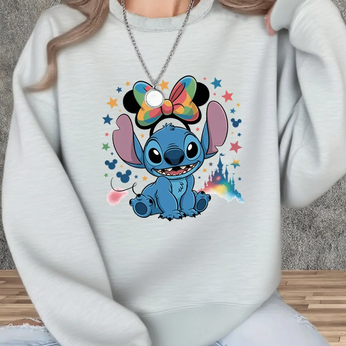 سويت شيرت نسائي برقبة دائرية من Disney Stitch بلوفر للجنسين من الصوف كاجوال للخريف والشتاء ملابس خروج كبيرة الحجم