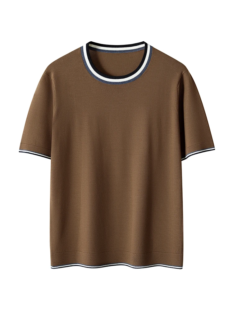 100% Merino Wool Men O-neck Sweater Short Sleeve Pullovers Spring Summer Color Block Smart Casual Cashmere T-shirt Knitwear Tops