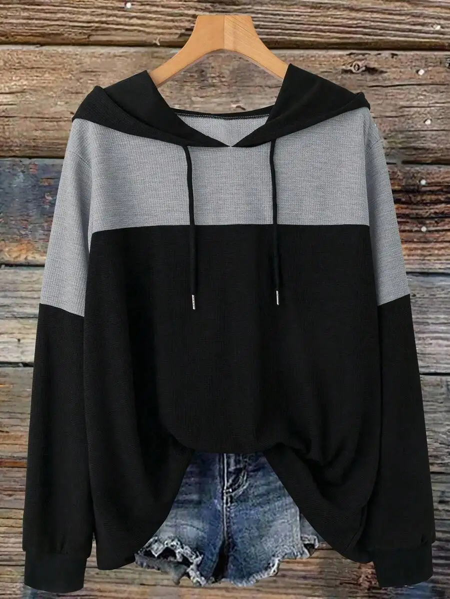 

Женская толстовка с капюшоном на шнурке, контрастных цветов, больших размеров, повседневная, с длинным рукавом, для осени и зимы