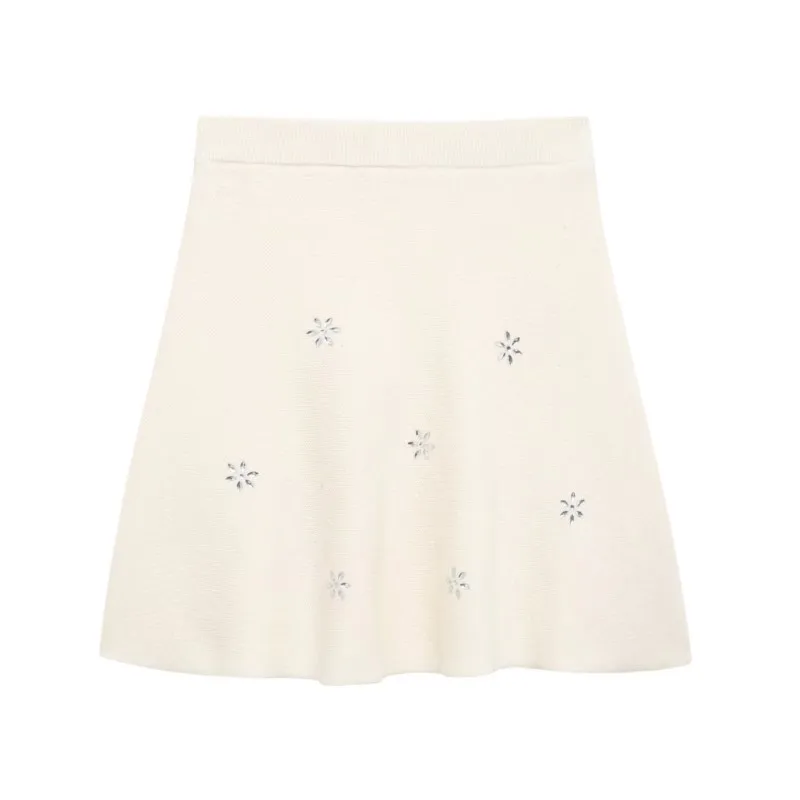 TRAF Jewelry Inlaid Mini Skirt For Women Clothing Autumn Sexy Knit Casual Elastic Ribbed Waist Short Skirts Female Skirt