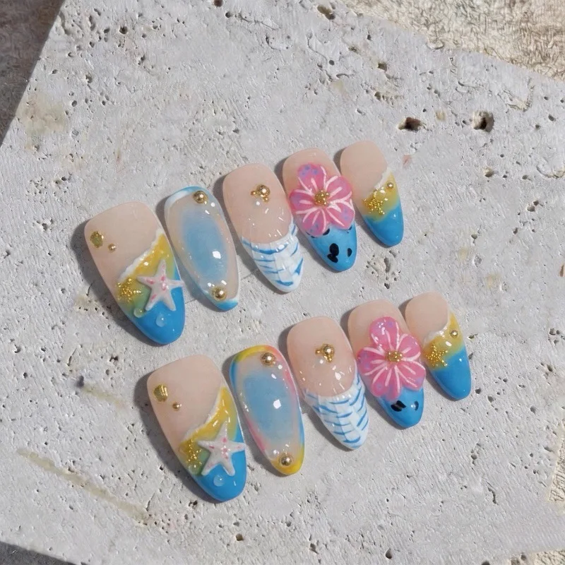 

10 шт. Накладные ногти ручной работы в стиле океанского пляжа с 3D цветами, ракушками и морскими звездами, накладные ногти для женщин, носимые, в форме миндаля, для маникюра
