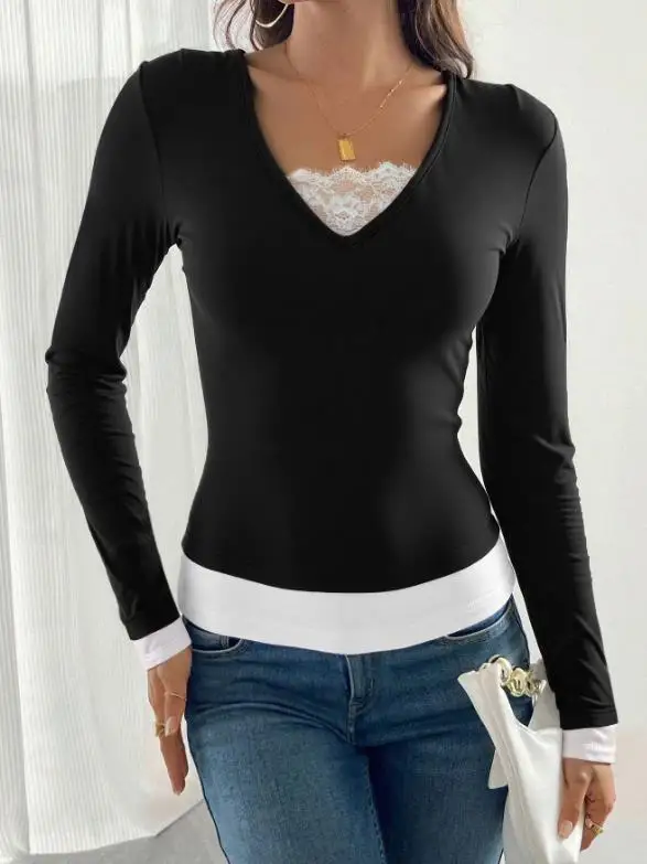 

Women's Top Spring New Sexy Fashion Trend Lace Splicing V-Neck Color Blocked Fake Two Piece Design Tight Long Sleeve T-Shirt