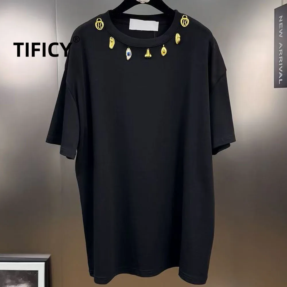 

Summer Short Sleeved Tees Tshirt Tops Women's Heavy Metal Buckle Decoration Round Neck Versatile Cotton Top Loose Casual T-shirt