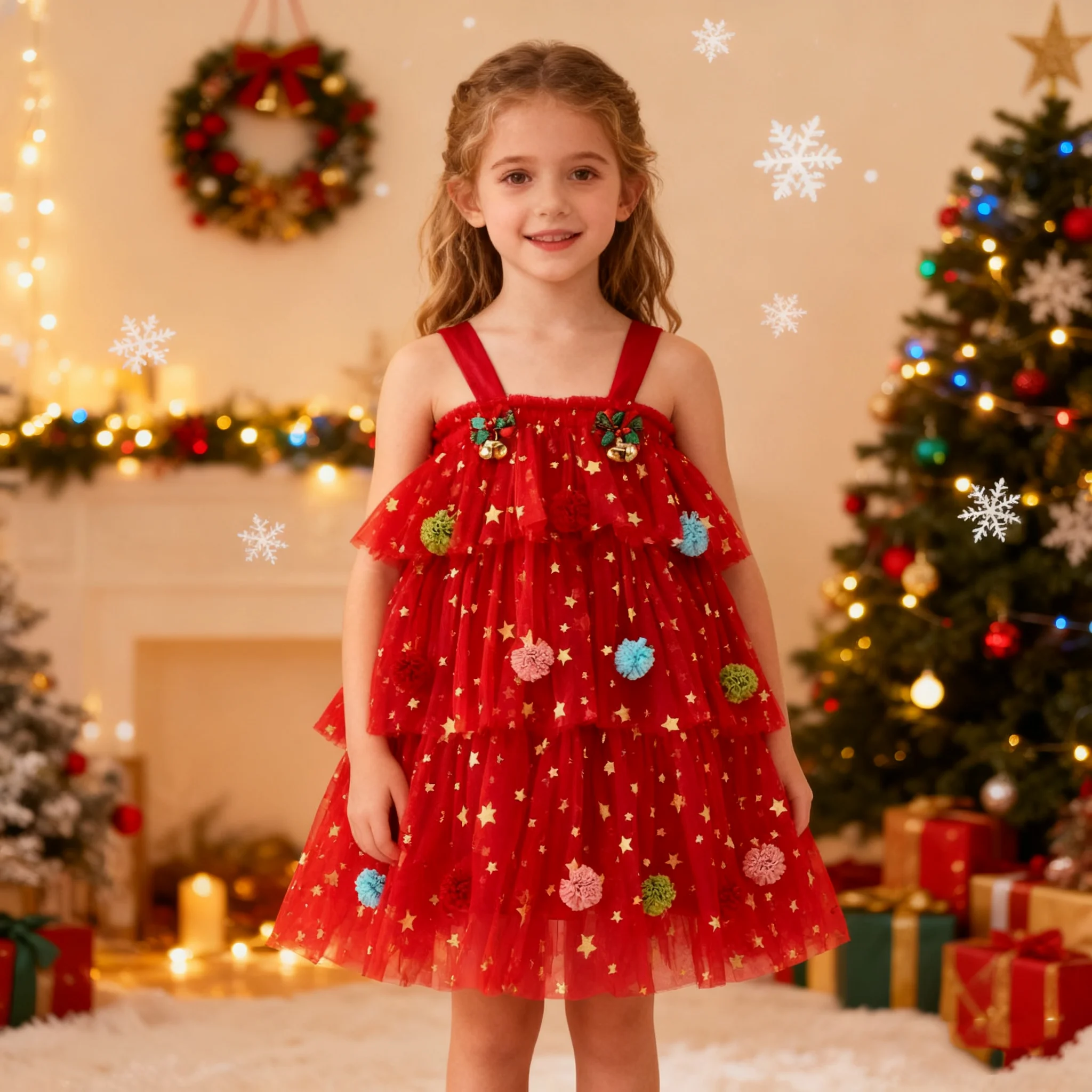 

New Girls Red Christmas Dress Star Print Decoration Suspender Skirt Christmas Party Cosplay Costume Suitable Clothes for Girls