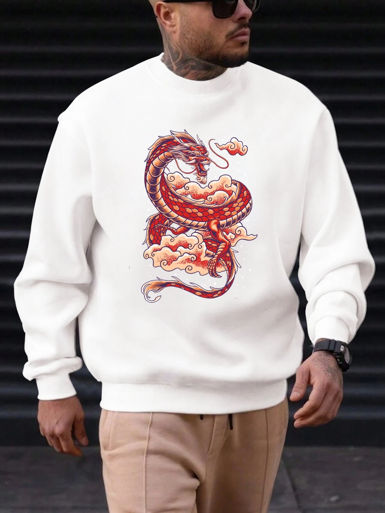

2025 New Sweatshirt For Men's Dragon Pattern Printing Cotton Round Neck Fashion Casual High Quality Daily Top Clothing