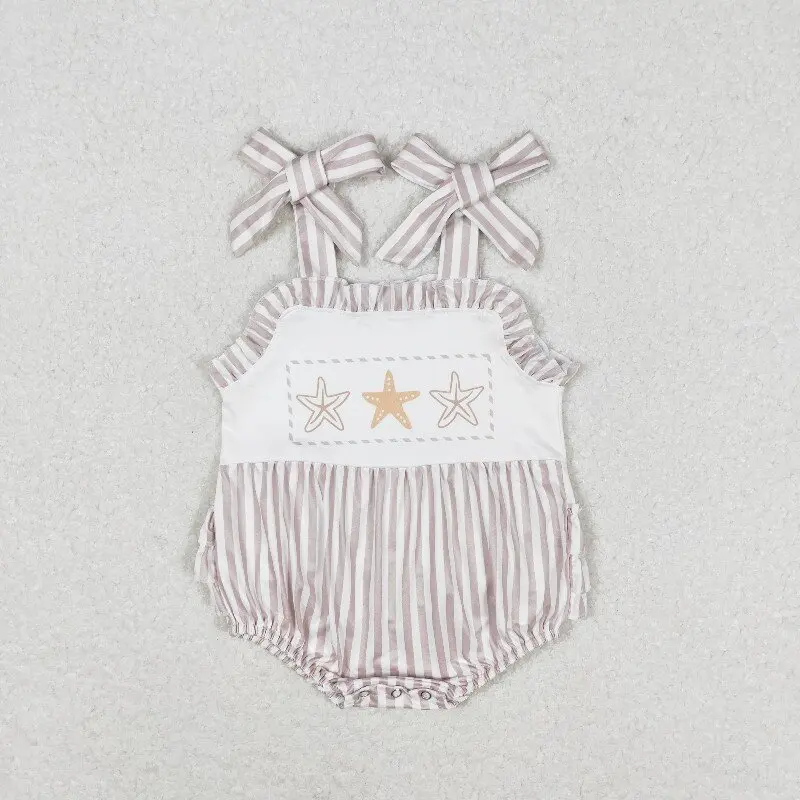 

X12.24 SR1488 Summer Hot Selling Baby Girl Rompers Starfish Striped Lace Vest Romper