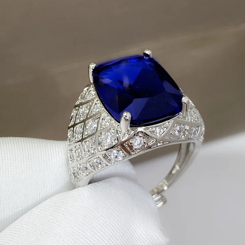 men's open fat rectangular sapphire rings for women full of diamond inlaid with zircon simulation dark blue tanzanite stone ring