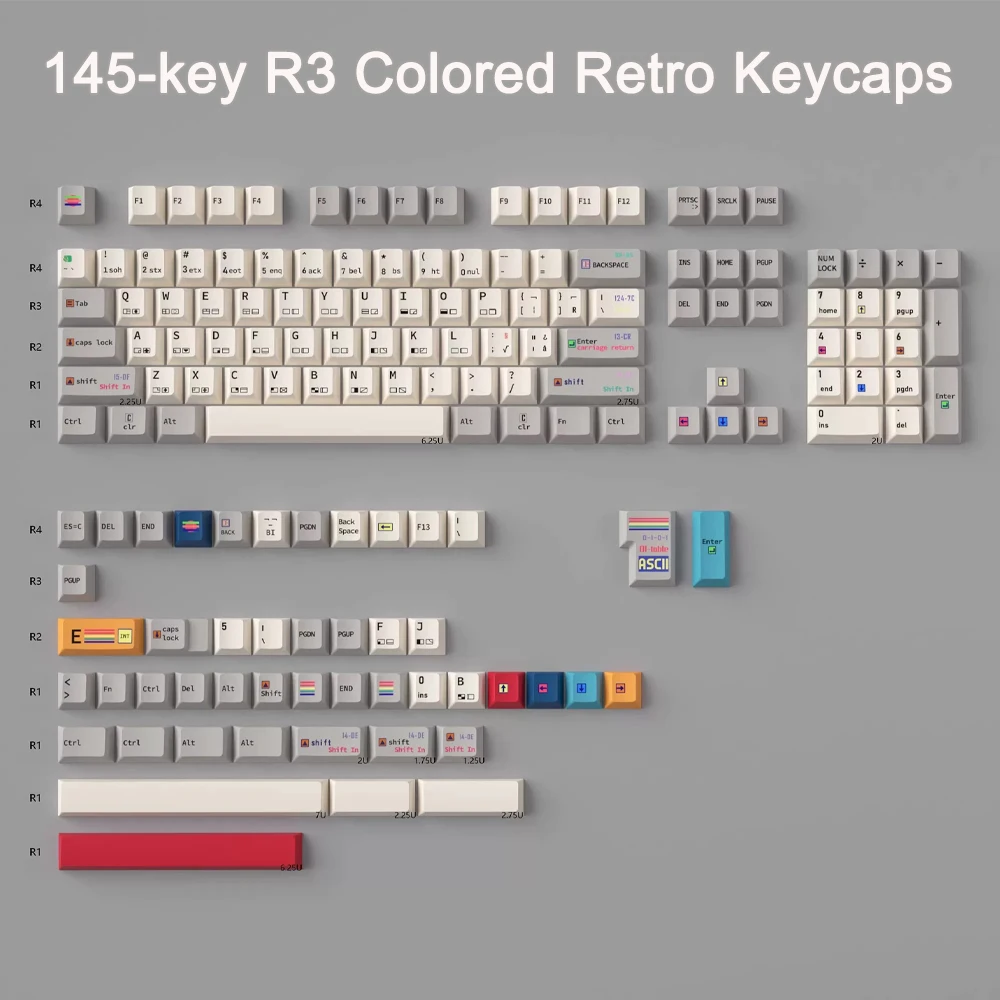 145 Keys C64 Retro Keycaps Cherry Profile Dye-Sub PBT Keycap Gray Colorful Side Print Key Caps For MX Switch Mechanical Keyboard