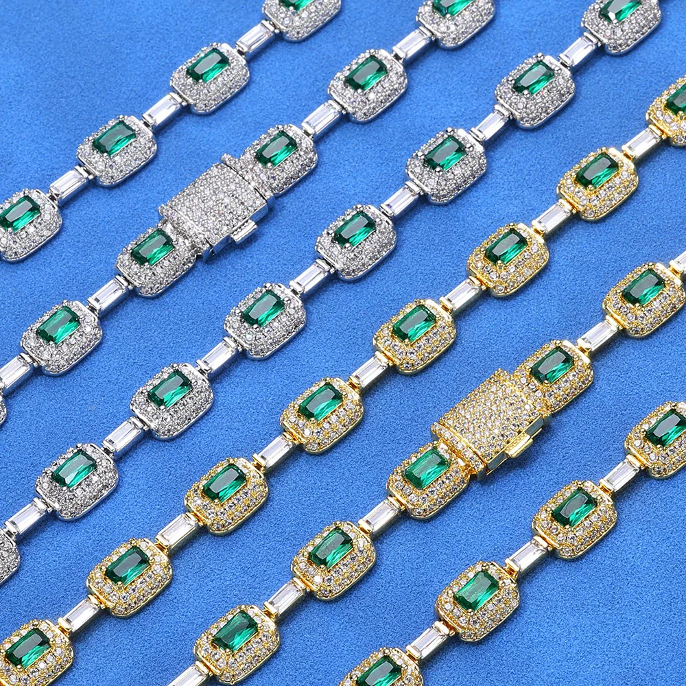 Hip Hop Jewelry Handmade Set Diamond Necklace with Green Square Zircon Sparkling Ice Flower Exquisite Christmas Gift