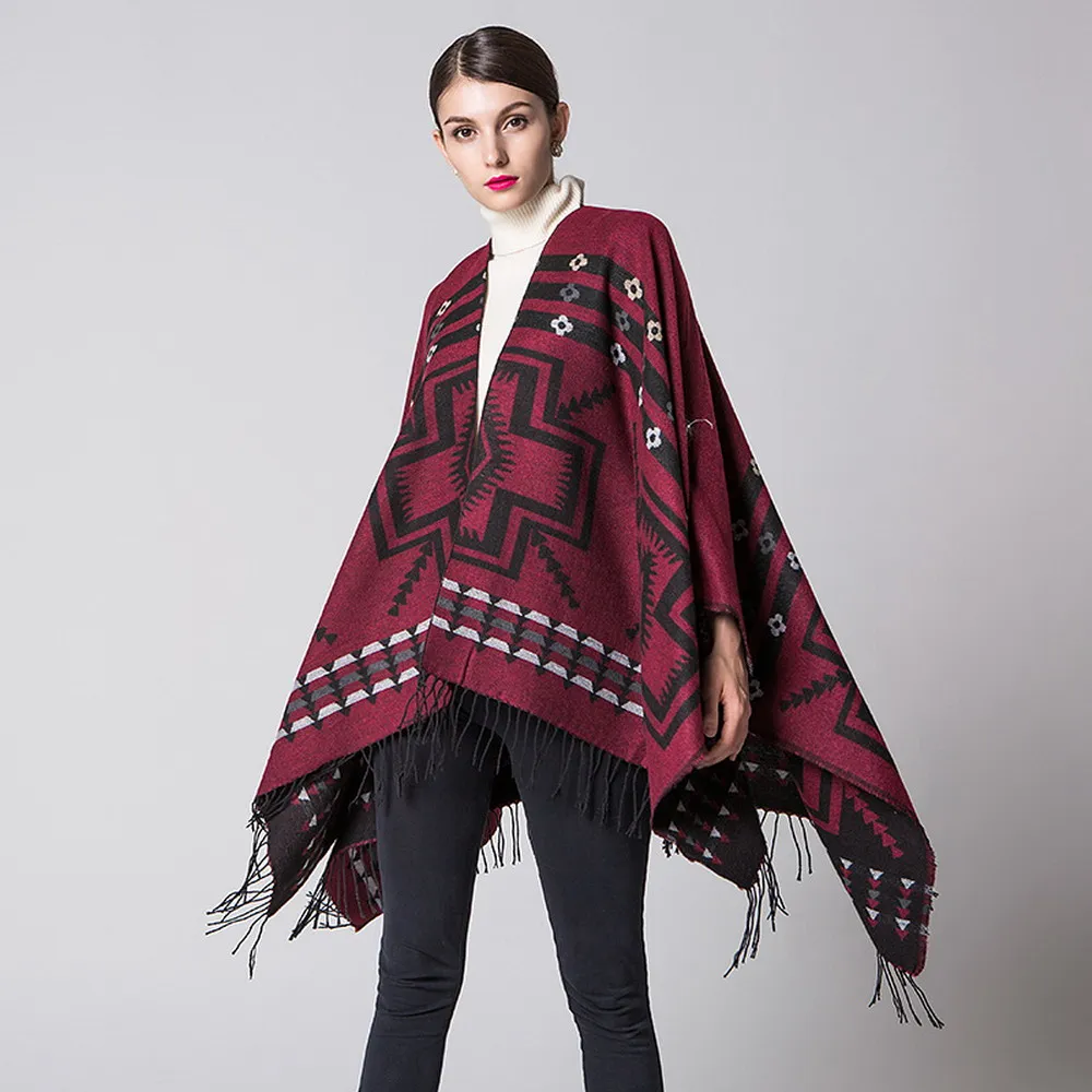 European American Cross Plum Blossoms Tassel Warm Cashmere Thick Poncho Ethnic Prints V-neck Winter Cardigans Shawl Poncho