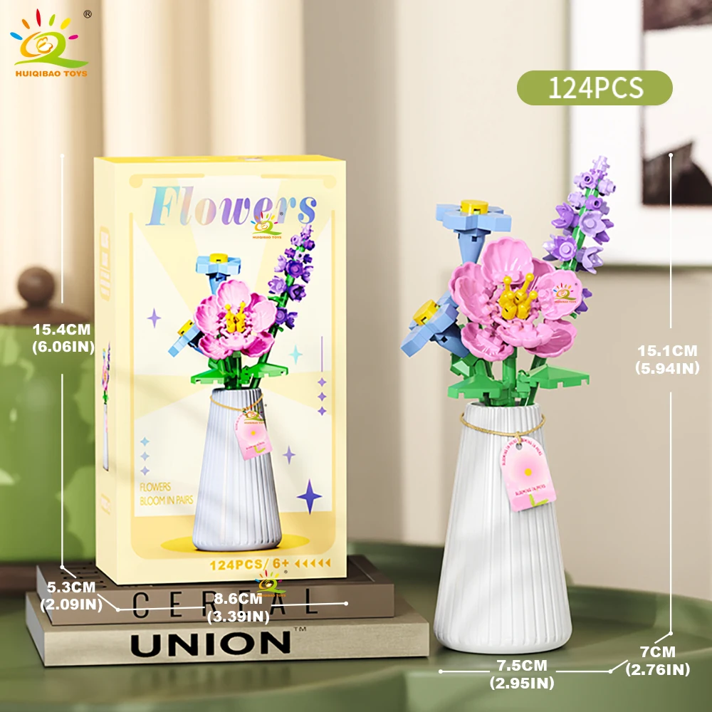 HUIQIBAO MOC Eeuwig Bloemboeket met pot Micro Bouwsteen Zonnebloem Rose Mini Model Baksteen Speelgoed thuis Bureau Decoratie