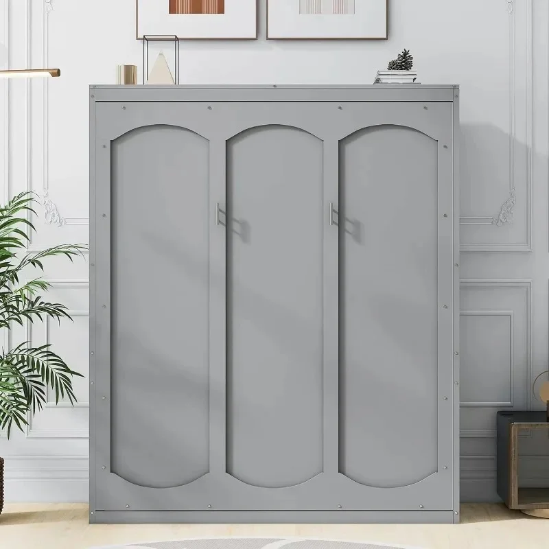 

Gray Wood Queen Size Murphy Bed with Shelves for Home Office or Small Room