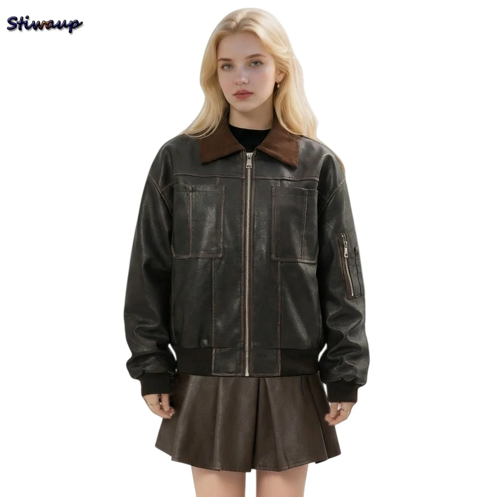 Jaqueta Feminina de Couro Luxuosa 2026 Primavera Premium PU Marrom Imitação de Pele de Carneiro para Mulheres Jaqueta Motoqueira Feminina Preta com Zíper