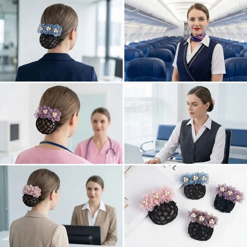 

Elegant Imitation Pearl Delicate Flower Hair Net Cloth Ornament Cover Net Spring Clips Dual-Use Colorful Bun Net Snood Korean