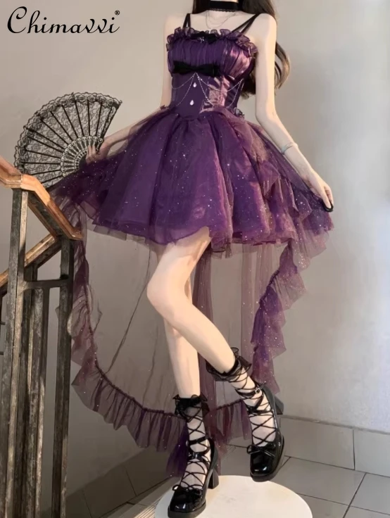 Purple Princess Ball Gown Dresses Women New 2024 Autumn Lolita Style Sweet Cute Shiny High Waist Birthday Party Trailing Dress