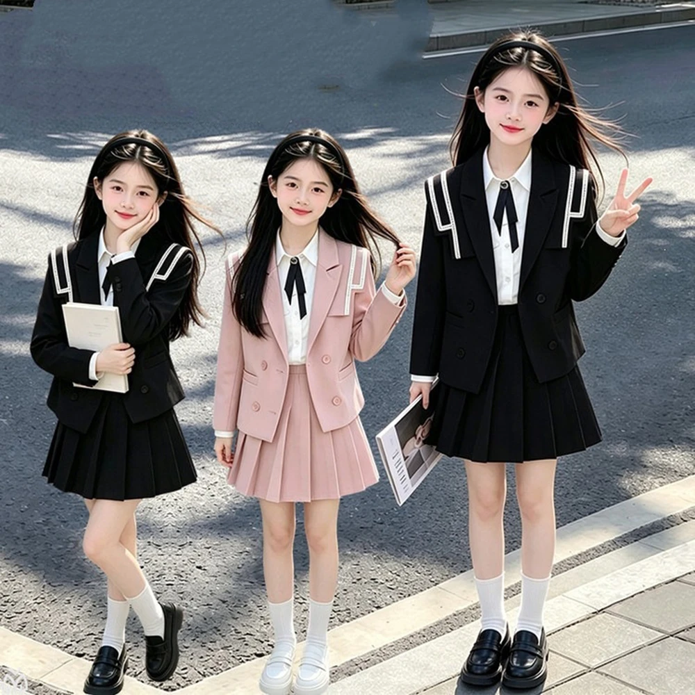 New Autumn Winter Girls Kids 2 Piece Children Outfits Teenager Suit Set Slim Blazer Jacket Top + JK Pleated Skirt 4 5 10 12 Year