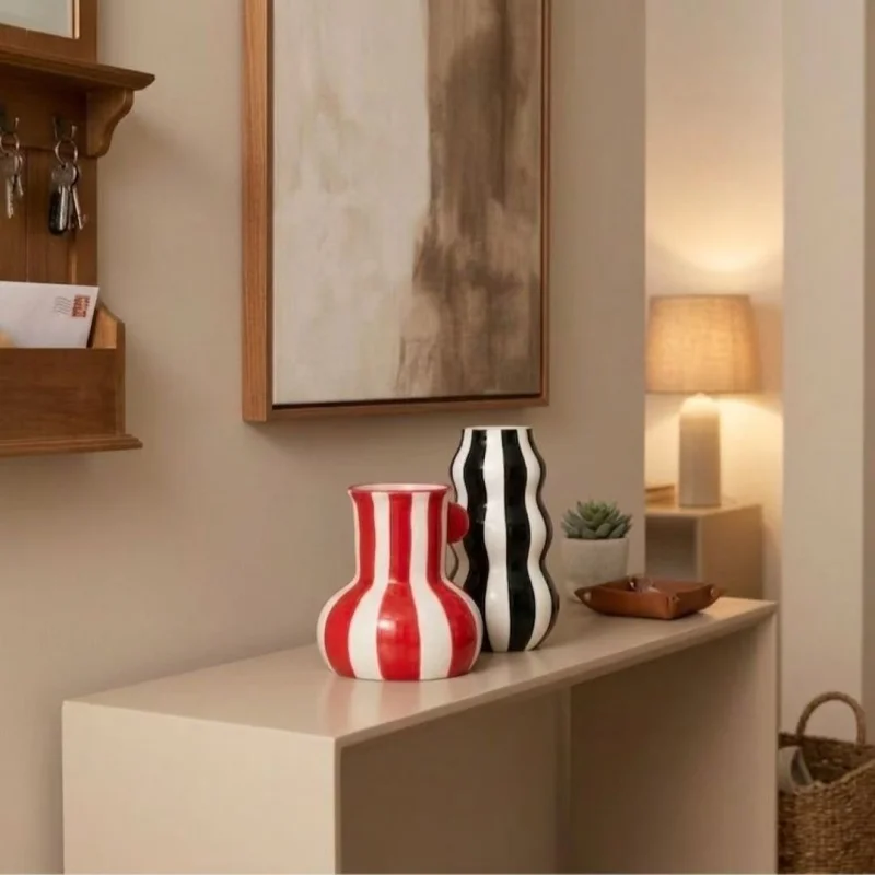 Striped Ceramic Flower Vase, Home Living Room Dining Table Colorful Plant Pot,Wedding Festival Decoration