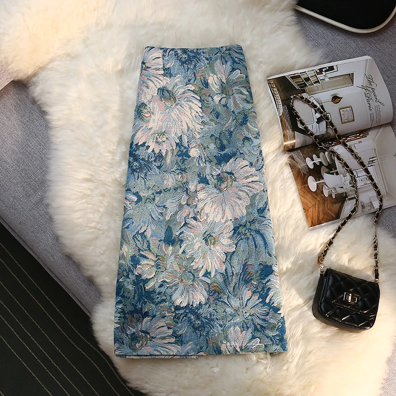 刺繍ボディコンペンシルスカート女性ヴィンテージフラワージャカードハイウエストオフィスレディースワークミディロングスカート春夏