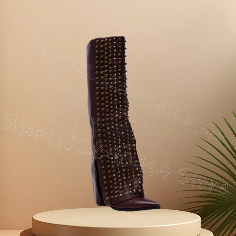 Gold Spikes Brown Turned Over Pointed Toe Boots Side Zipper Women Shoes Chunky High Heels Party Dating 2026 Zapatos Para Mujere