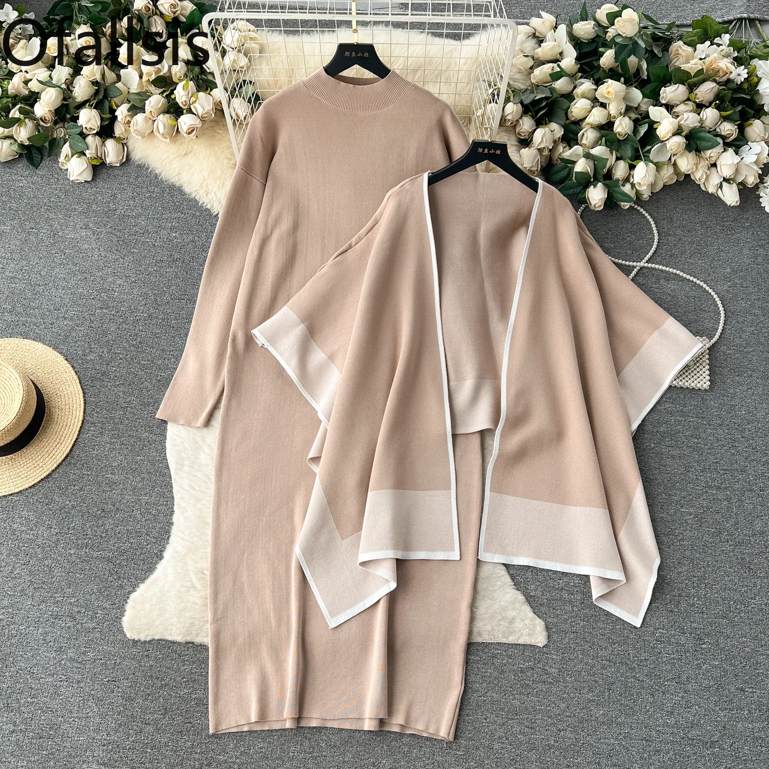 Ofallsis Autumn Winter Loose Versatile Cloak Style Knitwear Coat Cardigan Shawl Women Two Piece Loose Slim Dress Female