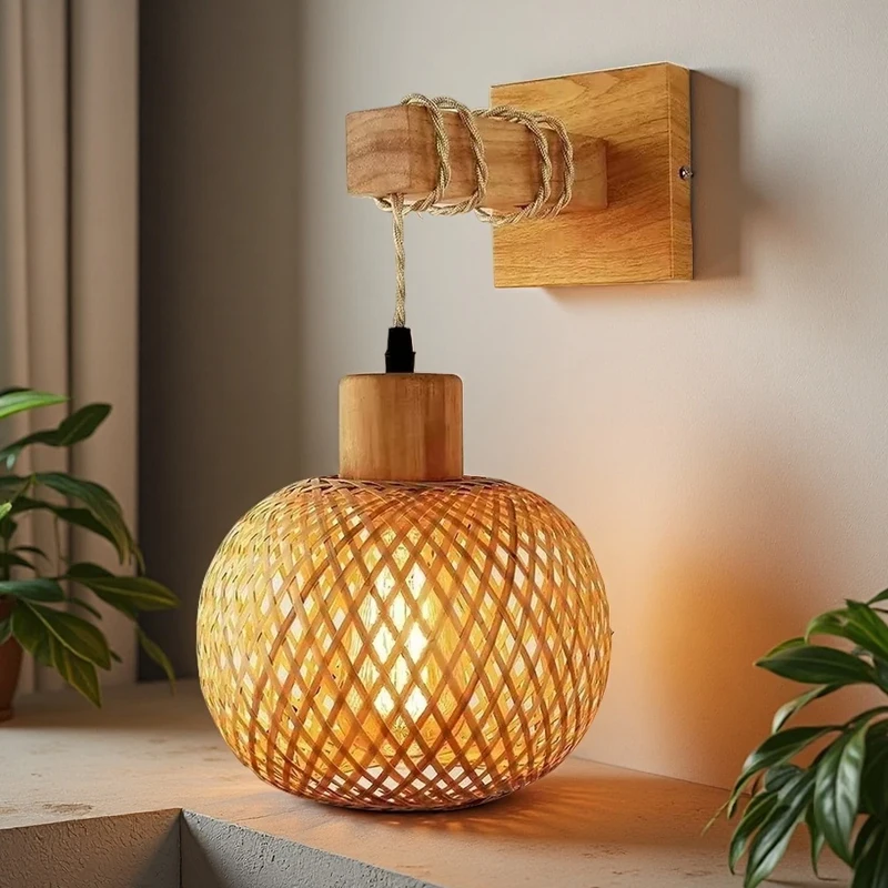

Bamboo Wall Lamp hand woven Wall mounted pendant light Indoor decorative lights Solid wood base Restaurant corridor lighting