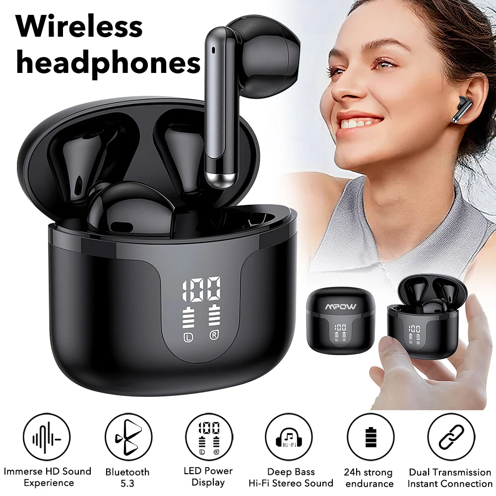 Wireless Earbuds 5.3 Bluetooth Mode Deep Bass  LED Digital Display True Earphone semi in-Ear Waterproof TWS for Work Sports