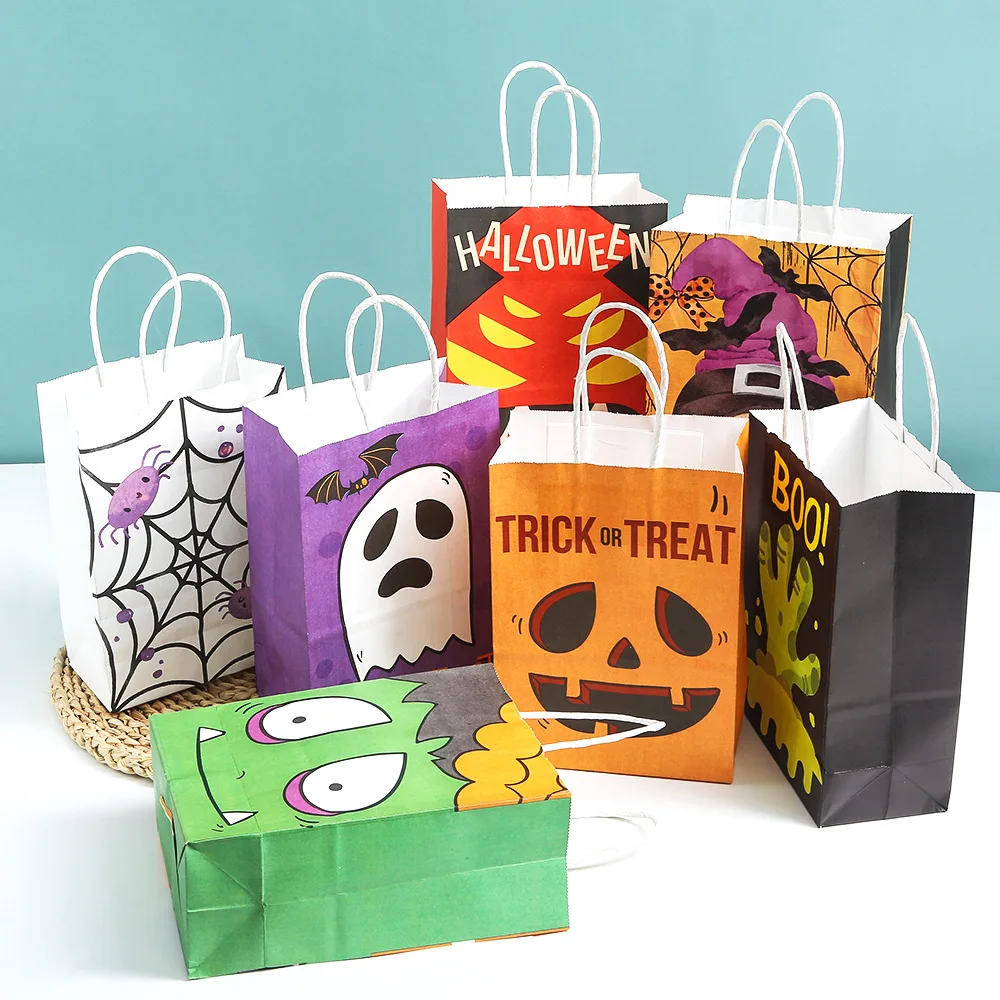 12pcs Creative Halloween Kraft Paper Bag Candy Paper Bags Pumpkin Ghost Totes Bag Trick or Treat Halloween Party Decor Kids Gift