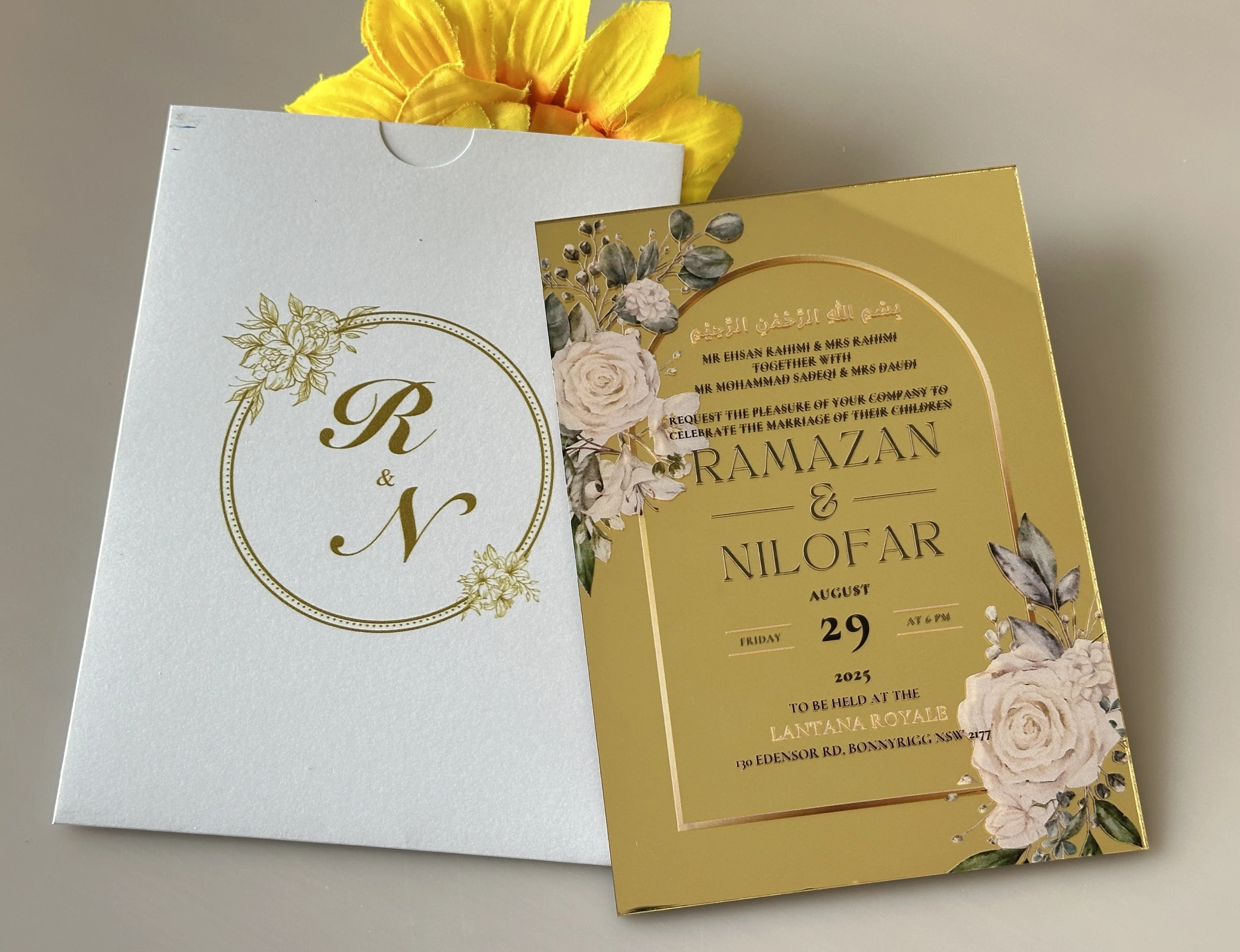 

Arabic Mirror Gold Acrylic Wedding Invitation Cards,Many Languages Invitation,Custom Souvenirs Gift for Guest Decoration 10pcs