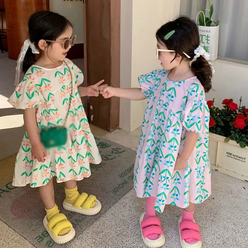 Summer New Girls Dress Round Neck Puff Sleeve Floral Flower Print Long Dress Children Clothes Kids