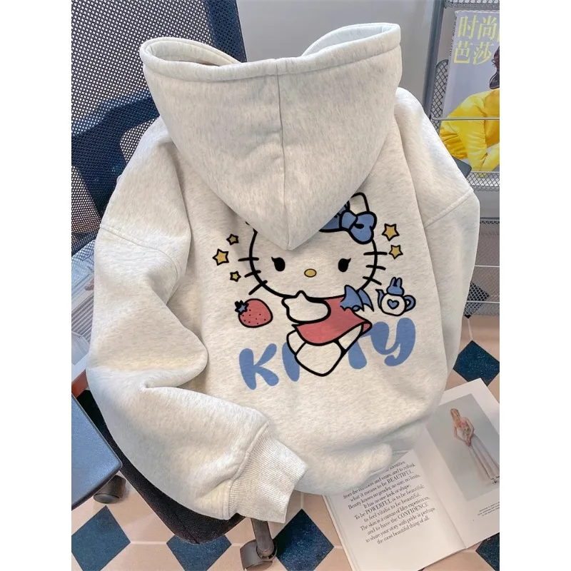 

Japanese Anime Autumn Winter Women's Clothing Hoodies Cute Hello Kitty Print Hooded Y2K Sweatshirt Oversized Cotton Pullower