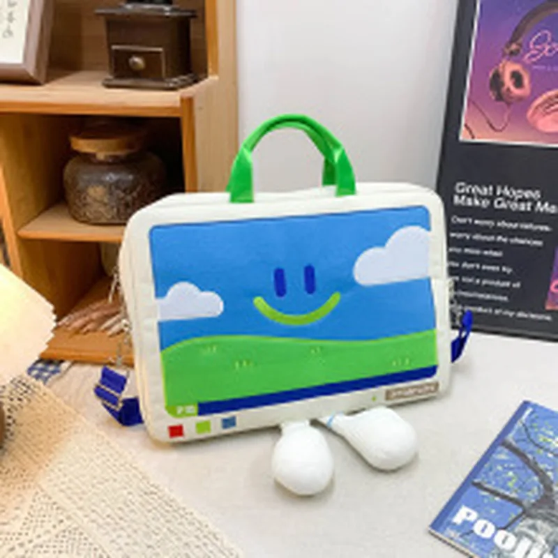 Borsa a tracolla con volto sorridente simpatico cartone animato per studenti Borse per laptop ricamate all-match Borse versatili di grande capacità alla moda