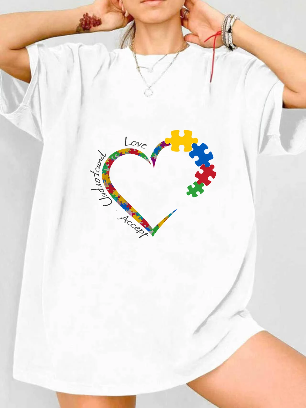 

【JYDX112337】Женская футболка больших размеров с круглым вырезом и принтом в виде пазлов, летняя, повседневная, с короткими рукавами, в уличном стиле, универсальная.