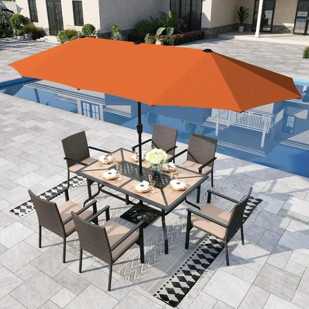 7 Pieces Outdoor Patio Dining Set, with 13ft Umbrella for 6 People, Patio Table ,Cushioned Rattan Chairs,Garden Furniture Sets