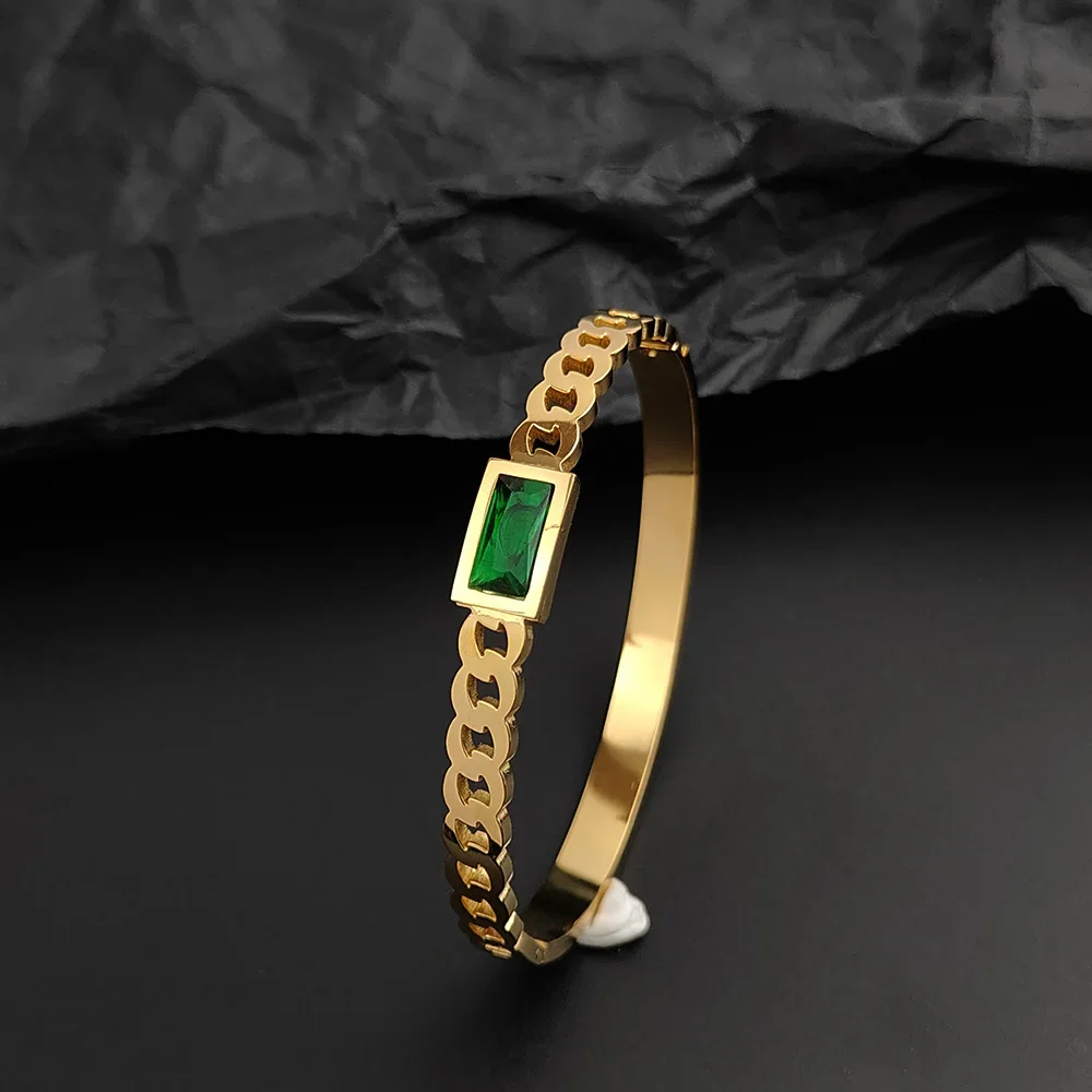 

Stainless Steel Chain Shaped Bangles Green Zircon Cuff Bracelet Gold Plated Fashion Jewelry Valentine's Day Gift For Women Men