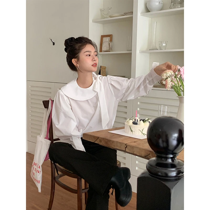 MEXZT Elegant White Shirts Women Vintage Bow Bandage Blouses Spring Office Lady Korean Long Sleeve All Match Chic Designer Tops