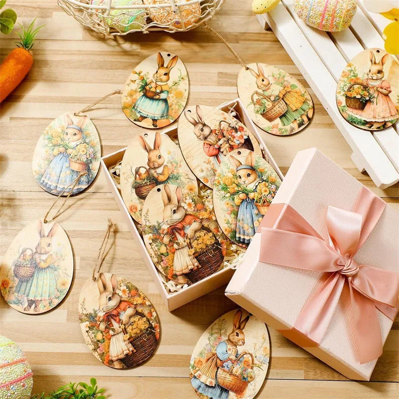 24pcs/set Easter Ornament, 2D Wooden Rabbit Tree Pendant, Holiday Decoration, Party Decoration, Home Decoration